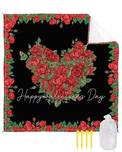 Beach Blanket, Valentine's Day Love Heart Roses Floral Border Black Texture Beach Mat 118