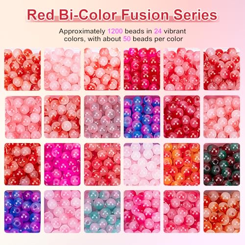 Image of XSEINO About 1200+ pcs 6mm Glass Beads Bracelet Making Kit, 24 Assorted Red Bi-Color Fusion Series Crystal Beads for Jewelry Making, DIY Crafts, Friendship Bracelets