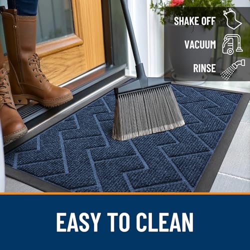 Image of OLANLY Front Door Mat Indoor Outdoor Entrance, Waterproof All-Season, All-Weather Doormat, Sturdy Natural Rubber, Low Profile, Easy Clean Patio Porch Entryway Mat, Herringbone Brick (Blue, 59x23)