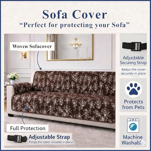 Image of STITCHNEST 'Opulence Series' Floral Woven Sofa Cover for 1 Seater | Premium Soft Fabric Sofa Protector | Brown Floral Pattern with Armrest Pockets | Durable Living Room Furniture Cover
