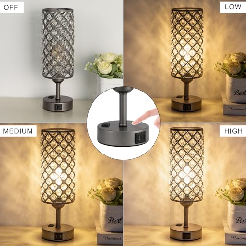 Image of Hong-in Gray Crystal Lamp Touch Control Set of 2, Crystal Table Lamps with USB C+A Ports & AC Outlet, 3-Way Dimmable Nightstand Touch Lamp, Modern Bedside Table Lamp for Bedroom(Bulbs Included)