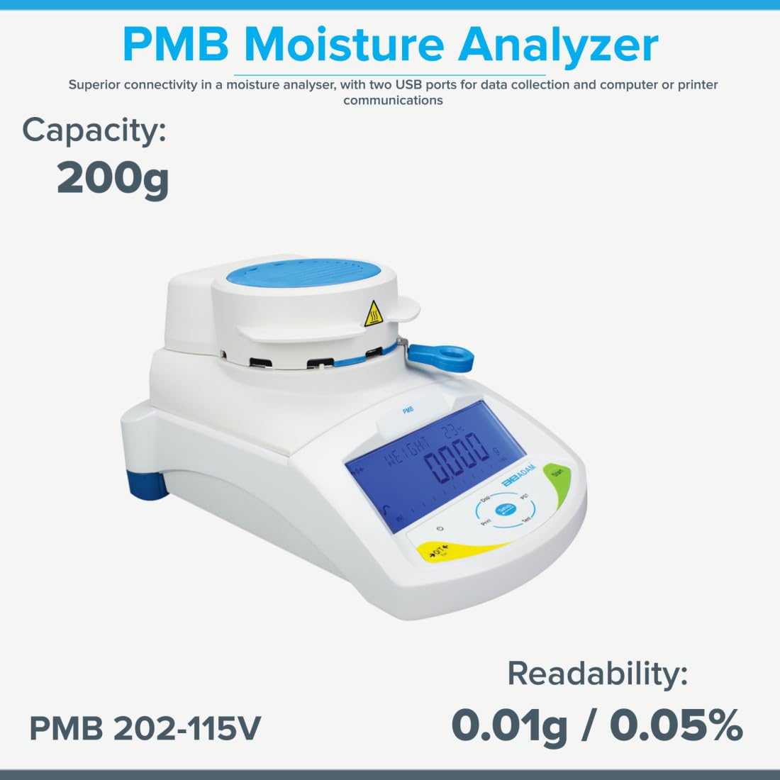 Adam Equipment PMB Moisture Analyzer, PMB 202-115V Moisture Balance, Capacity: 200g x Readability: 0.01g / 0.05%
