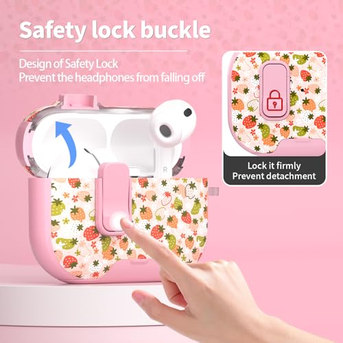 Image of for AirPods Pro 3 Case with Lock & Phone Stand,Cute Floral Pattern Style | PC & TPU Dual Layer Protective Cover with Keychain & Cleaner Pen for Apple AirPod Pro 3rd Generation Women (Strawberry)