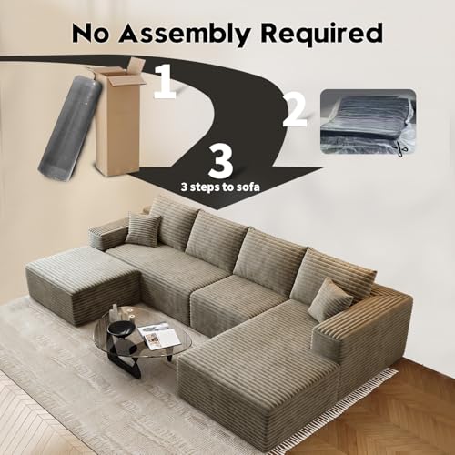 Image of 135.4 inch Cloud Modular Sectional Sofa with 1 Ottoman,Modern Minimalist Upholstered Couches, Comfort U Shaped Sofa for Living Room,Deep Seat Corner Couch,No Assembly Required (Camel,Right Facing Chaise)
