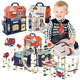 sun baby Circuito con Locomotora eléctrica para niños Desde 3 años - Juguete con Bucle, viaducto, Puente, Barrera, Edificios de estación de ferrocarril, Cine y Tienda