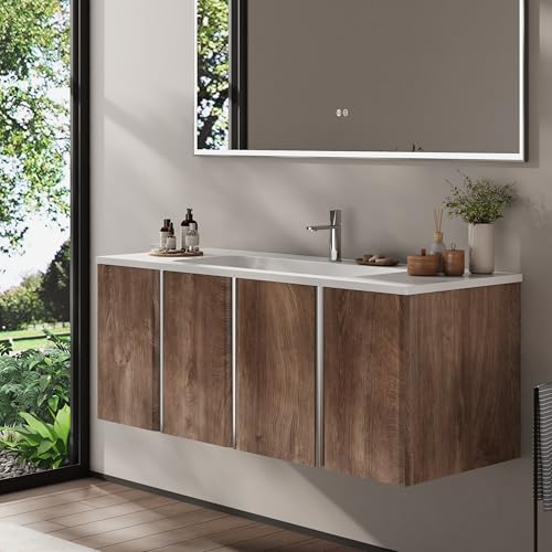 BRIDGE BENO Badmöbel-Set Mit Waschbecken & Unterschrank | 120 cm Waschtisch, 4 Soft-Close-Türen | Komplettes Badezimmer-Set, Forest Walnut