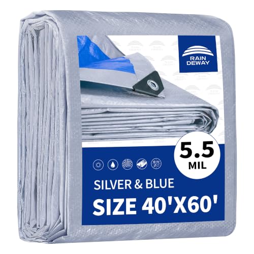 RAINDEWAY Large Tarps 40x60 Feet 5.5 Mil - Multipurpose Waterproof Poly Tarp Cover with Metal Grommets and Reinforced Edges Silver/Blue Tarp