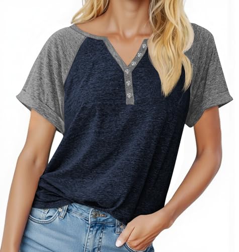 MaQiYa Womens Short Sleeve Summer Tops Trendy V Neck T Shirts Casual Color Block Raglan Shirts Cotton Baseball Tunic Tees Z-Navy Blue by MaQiYa - Used condition - US$4.31