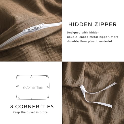 SE SOFTEXLY Muslin Duvet Cover Oversized King Size, 100% Washed Cotton Duvet Cover Set, Soft Comforter Cover Linen Like, 3 Pieces Minimalist Gauze Duvet Cover with 2 Pillowcases, 98"x120", Dark Brown