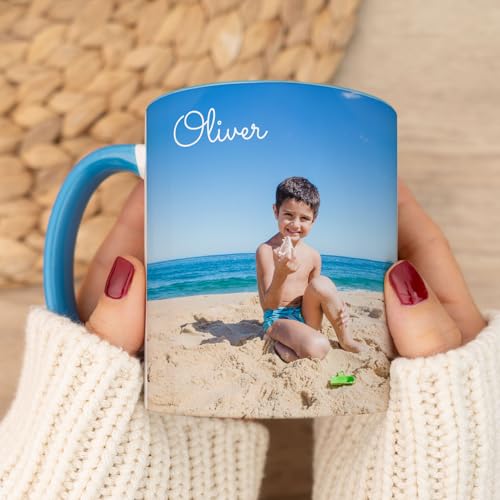 Wanapix | Taza Personalizada con Foto y Texto | Capacidad de 325ml | Taza de Cerámica con Diseño Único | Regalo para Amigos y Familiares | Apta para Microondas | Interior y Asa Color Azul Celeste