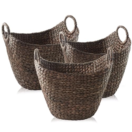 Image of Casafield Set of 3 Multipurpose Boat Baskets with Handles - Espresso, Woven Water Hyacinth Storage Organizers for Throw Blankets, Bedroom, Living Room, Laundry