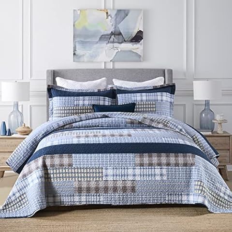 Finlonte Quilt Queen Size 100% Cotton Queen Size Quilts Blue Beige White Bedspreads Plaid Quilts Lightweight Soft Breathable Bedding Sets for All Season, 3 Piece Cover