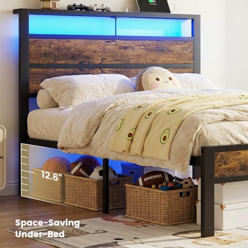 Image of Twin Bed Frame with LED Lights & USB Charging Station | Metal Platform Bed with Storage Headboard, Under Bed Space, Noise Free, No Box Spring Needed, Easy Assembly, Brown