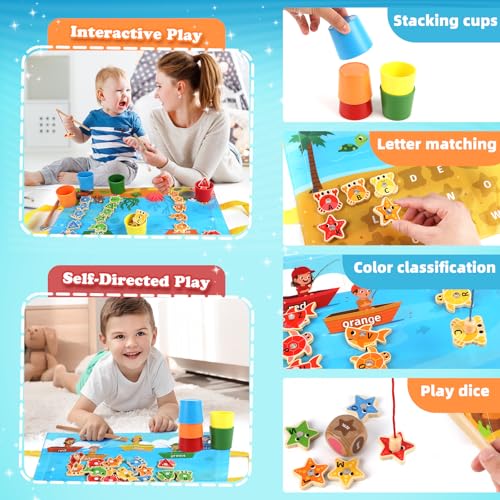 Image of Wooden Toddler Toys Fishing Game: Montessori Sensory Toys for 1 2 3 Year Old Boys Girls - Birthday Baby Gifts for 1 2 3 Year Olds - Color Sorting Shape Learning for Kids