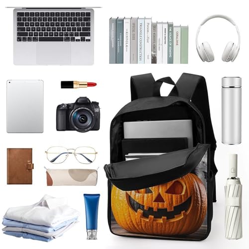 17 Inch Backpack for Travel, Pumpkin Face Print Modern Backpack Shoulder Bag with Adjustable Straps, Side Pockets & Reinforced Bottom3
