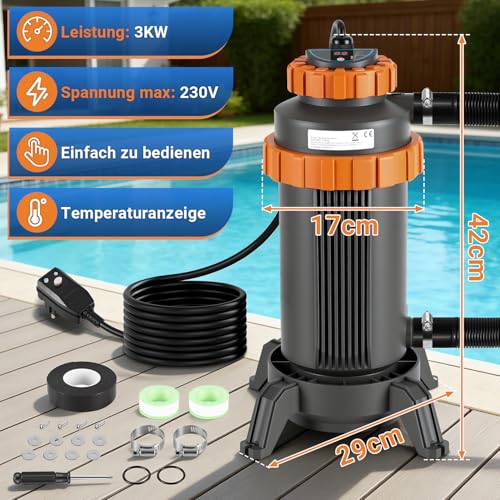 Miniatura 3 de Ollewiellan Calentador Eléctrico Para Piscinas, Diámetro De 17 X 42 Cm, Con Interfaz Digital De 32-38 Mm, Protección Contra Fugas, Protección Contra Vuelco, Ignífugo, Calefacción Hasta 45 Grados
