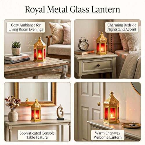 Image of MARKET 99 Metal Glass Royal Lantern | Golden Red Tealight Candle Holder | Decorative Home Decor Lamp | Festive Lighting for Diwali, Christmas, Wedding & Party Table Setup (Use LED T-Light Only)