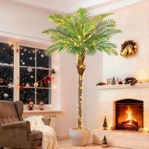 Image of 8.5ft Tall Artificial Phoenix Palm Tree for Outdoors Indoor Decor, Large Faux Coconut Silk Palm Tree Tropical Fake Tree Perfect for Outside Patio Poolside Porch Home Office Decor (Set of 2)