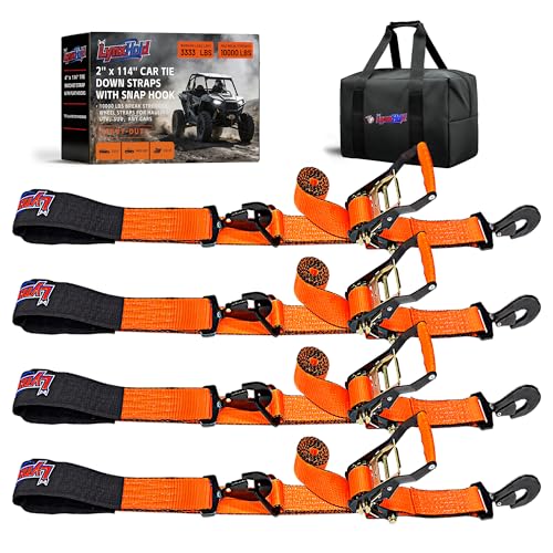 2'' x 114'' Heavy Duty Adjustable Car Tie Down Straps with Snap Hook for Trailers, 10,000 lbs Break Strength, Axle Tire Ratchet Straps with Snap Hooks for Hauling UTV, SUV, Truck, Any Cars - Orange