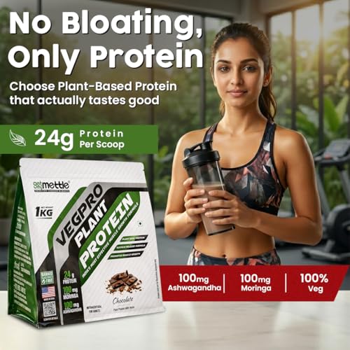 Image of Getmymettle VegPro Vegan Plant Protein Powder | Protein 24g per scoop | Pea Protein Isolate with Digestive Enzyms | Low Carbs (1kg, Chocolate)