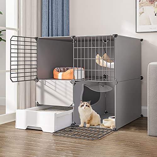Cage d'intérieur pour chat avec bac à litière intégré et enclos en métal