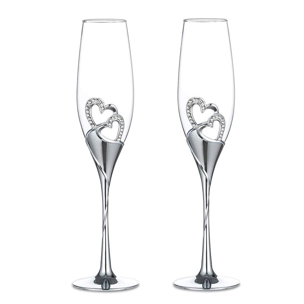 Nuptio Nozze Regalo Argento Bicchieri: Set di 2 Bicchieri Champagne Brindisi Flûte Cristallo Matrimonio Anniversario Feste