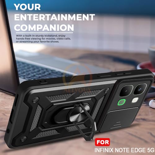 Image of Armor Bumper Back Cover Case for Infinix Note Edge 5G | Rotating Camera Cover, Ring Holder & Kickstand | Heavy Duty & 360 Degree Protection Infinix Note Edge 5G Back Cover (Black)