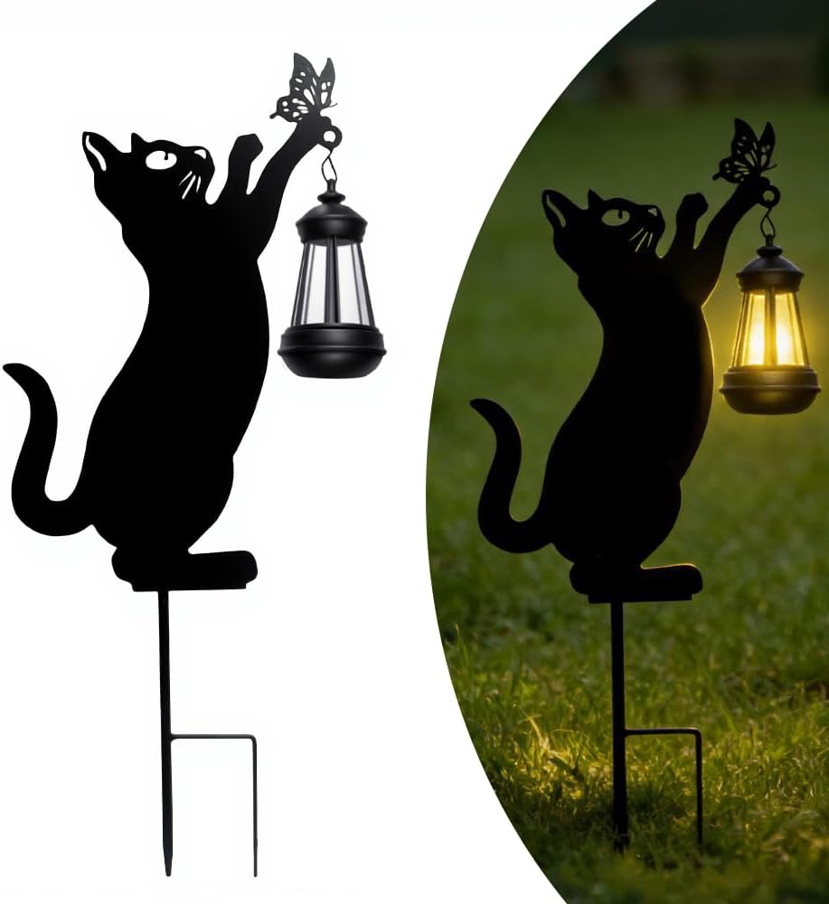 Lily's Home Black Cat Garden Decor with Solar Light Lantern - Outdoor Solar Lights for Pathway & Patio - Durable Waterproof Metal - Yard & Patio Decor - Unique Gift for Cat Lovers - 23’’ Tall