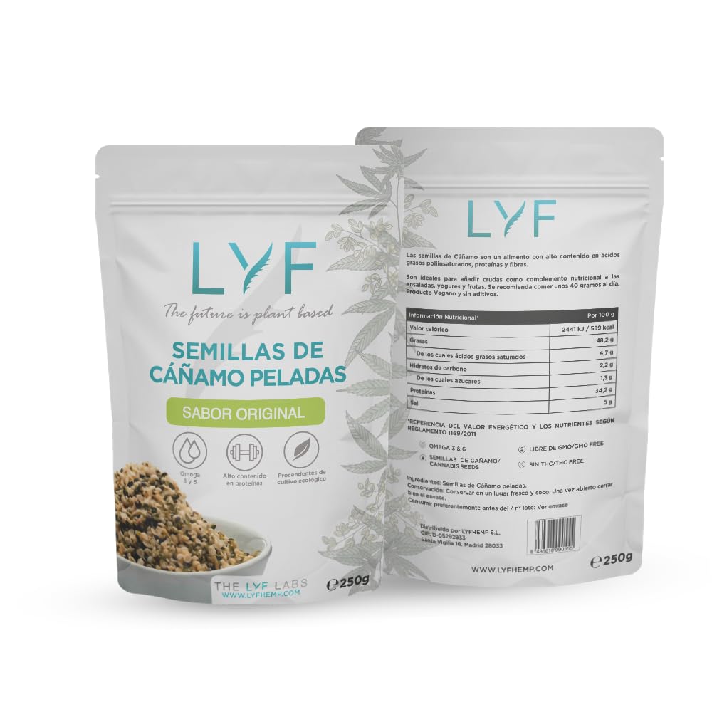 Semillas de Cáñamo peladas 200g - 100% naturales, vegano, orgánico. Corazones de Cáñamo. Sin gluten, sin azucar añadido. Rico en Omega 3-6, Alto contenido en proteína. Fabricado en España.