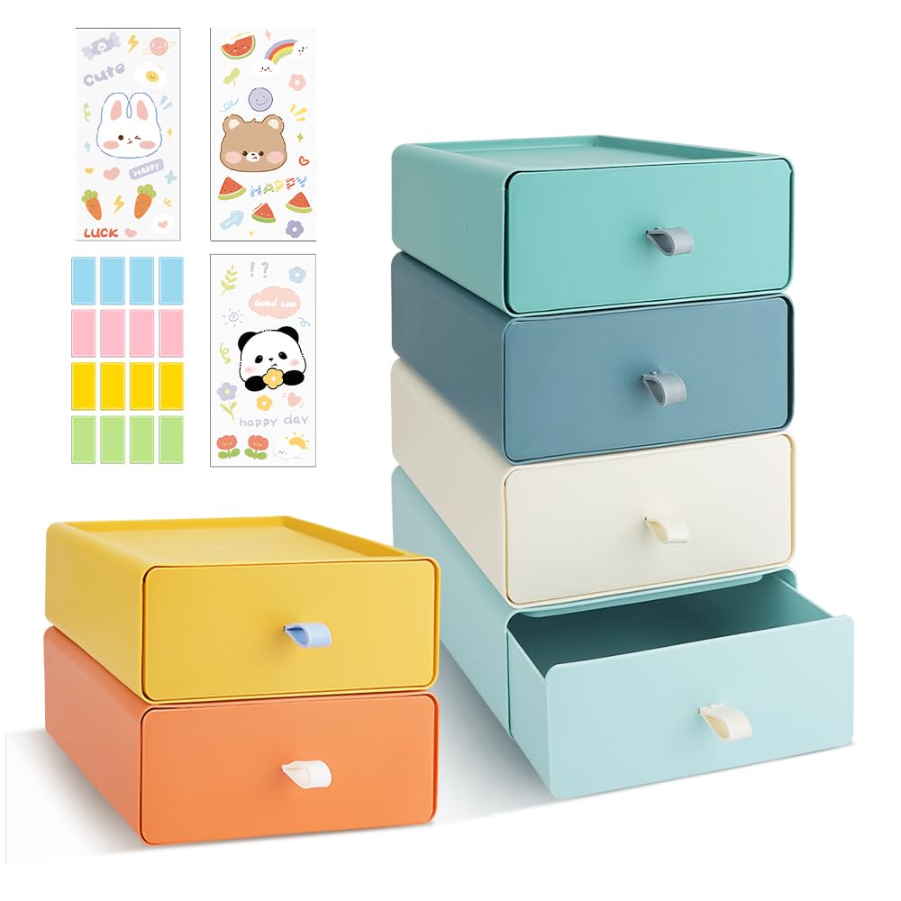 6 PCS Desktop Stackable Organiser, Plastic Storage Boxes with 4 Drawers, Desk Makeup Organizer with 4 Tabs, Small Office Storage for Stationery Makeup, Supplies Bathroom Dorm (6 Colors)