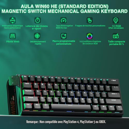 Aula WIN60 HE - Clavier de jeu mécanique filaire 60%, interrupteur magnétique, activation réglable, déclenchement rapide, taux d'interrogation de 8000 Hz, clavier RVB compact – vue 2