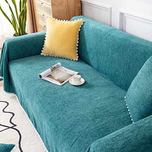Vclife Boho Chenille Sofa Cover Couch Cover Super Soft Dark Blue Turquoise Sectional Sofa Slipcover With Black Lace, Pat Resistant Non-Slip Sofa Protector Sofa Covers For 3 Cushion Couch Sofa #TOP5