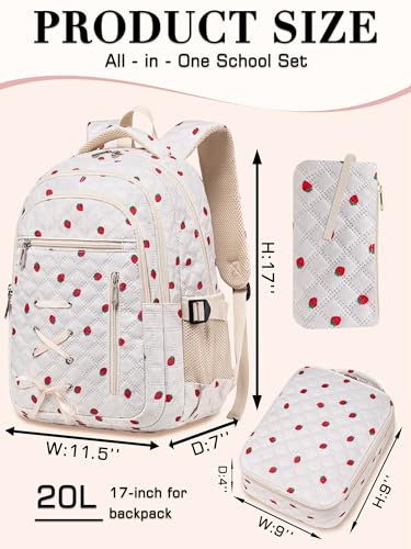Cute Strawberry Print Backpack with Lunch Box and Pencil Case for Girls Teens Kids for Age 8-10 10-12 12-14 Kawaii Backpack for Elementary Middle High School Bookbag Mochila Para Niñas4