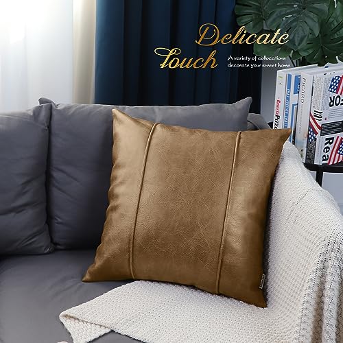 Image of BRAWARM Taupe Leather Throw Pillow Covers 16 X 16 Inches - Faux Leather Pillow Cover with Piping, Hand Stitched Leather Throw Pillow for Couch Sofa Bed Living Room Home Decorative