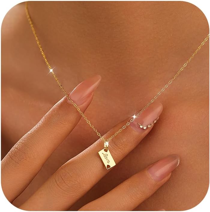 LOVE Tag Necklace for Women,925 Sterling Silver Dainty Envelope Charm Pendant Necklace to Daughter Mother 14k Gold Plated Heart Pendant Trendy Birthday Mothers Day Jewelry Gifts
