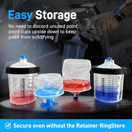 Image of Disposable Paint Cups for Spray Gun, Paint System for HVLP and LVLP Paint Spray Paint Gun, 27 Ounce (800ml) Kit with 25 Cups and Lids System, 1 Hard Cup with Retainer Ring, 10 Plugs, 3 Mixing Sticks