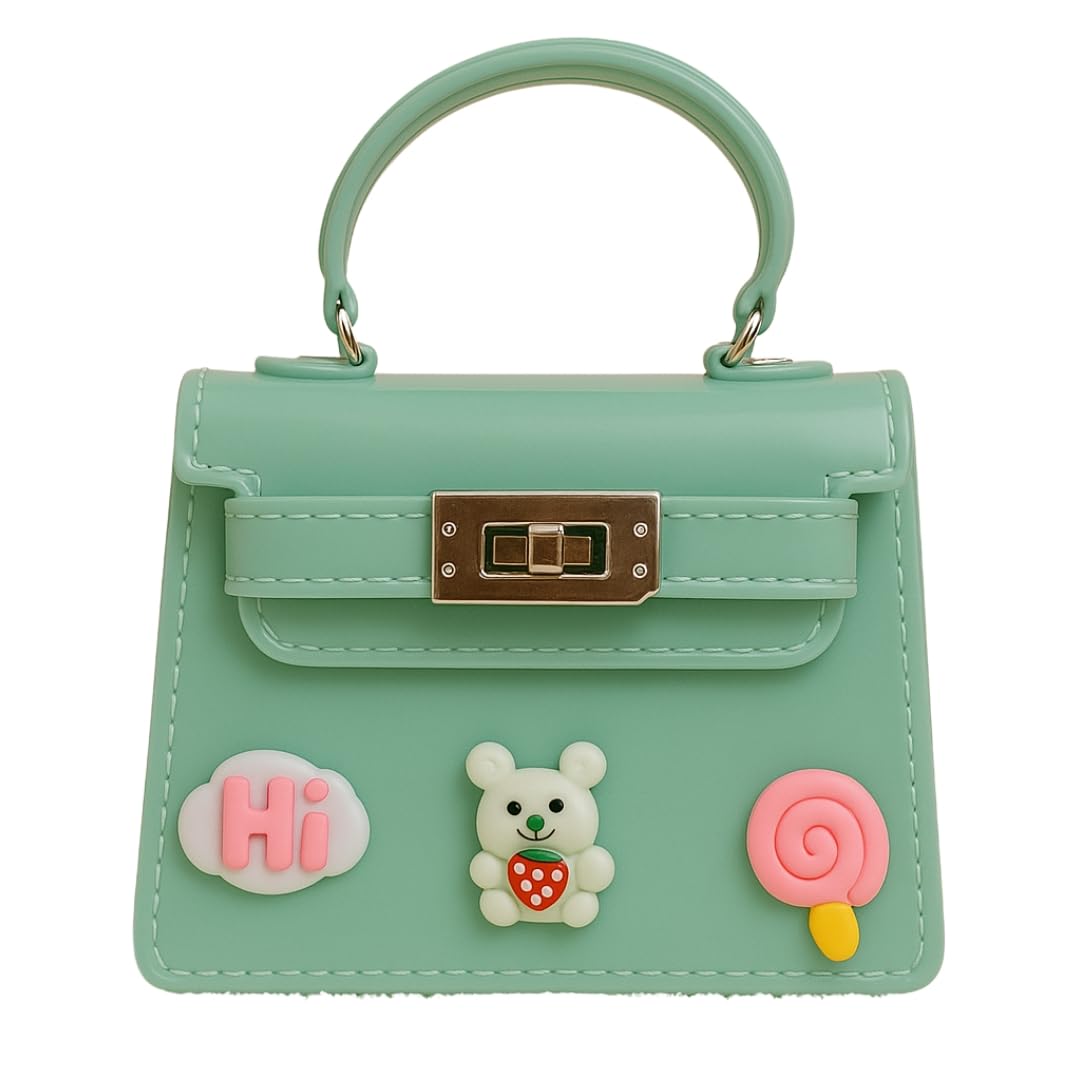 Mint Green Kids Handbag – Glossy Mini Purse with Bear, ‘Hi’ Cloud & Lollipop Embellishments-image-34