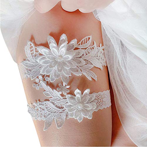 Elifemona Womens Sexy Lace Wedding Garter Set for Bride Party Prom Garters 2 Pcs, 2-white, One Size