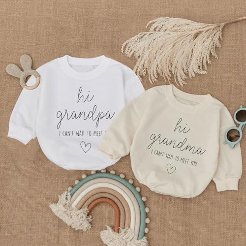 2Pcs Hi Grandma & Grandpa I Can't Wait To Meet You Grandparents Baby Announcement Romper, Baby Surprise Announcement (0-3 Months)2