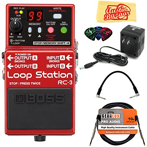 BOSS RC-3 Loop Station Bundle with Power Supply, Instrument Cable, Patch Cable, Picks, and Austin Bazaar Polishing Cloth