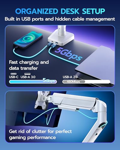 Image of ARES WING Heavy Duty Single Monitor Arm - Fully Adjustable Monitor Mount for 17 inch-40 inch Ultrawide Screens up to 26.4 lbs with Clamp /Grommet Desk Mount and USB A /C, 75 /100 Vesa Mount, White