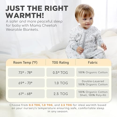 Image of Mama Cheetah Toddler Sleep Sack with Feet, Long Sleeve 0.5 TOG Organic Cotton Baby Sleeping Bag with Legs, Wearable Blanket for Walkers w / 2-Way Zipper, Toddler Blanket for Girls & Boys 6-18 M