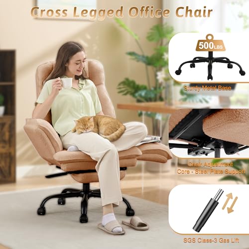 Image of Wider Seat Office Chair with Flip Armrests for Criss Cross Legged&Cats, Big and Tall Executive Ergonomic Reclining Chair with Footrest&Lumbar Pillow, Teddy Fleece Desk Chair, Brown Vanity Chair