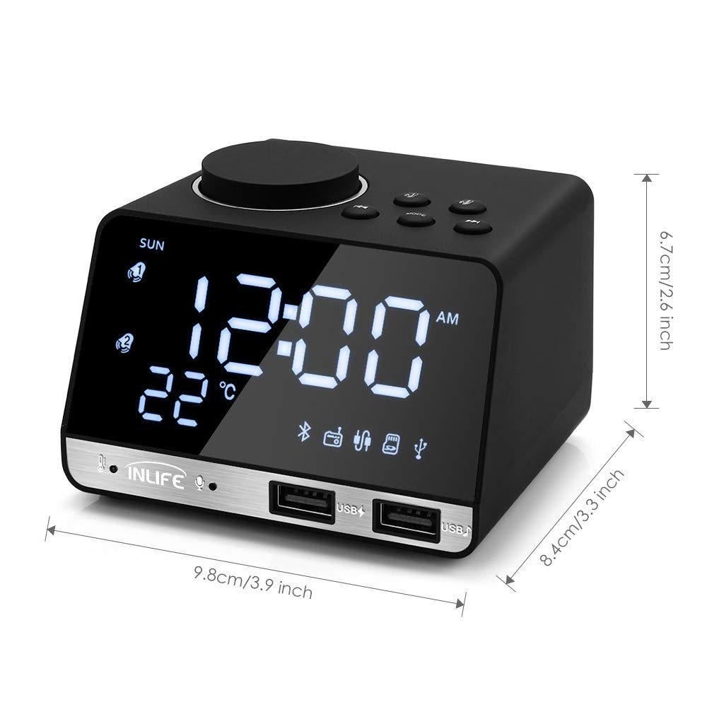 Reloj Despertador Bluetooth Radio Reloj Despertador Altavoz con 2 Puertos USB Led Reloj Despertador Digital Inicio Posponer Reloj De Mesa