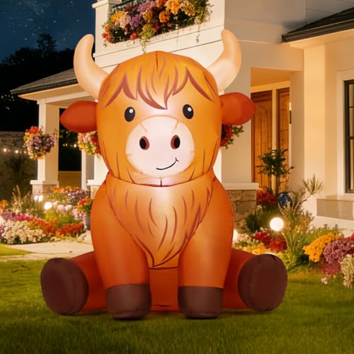GOOSH 4 FT Highland Cow Inflatable Outdoor Decorations Spring Summer Farm Ranch Blow up Yard Animals Cute Highlander Cattle Calf Decoration with LED Lights for Garden Lawn Indoor Party Patio Decor