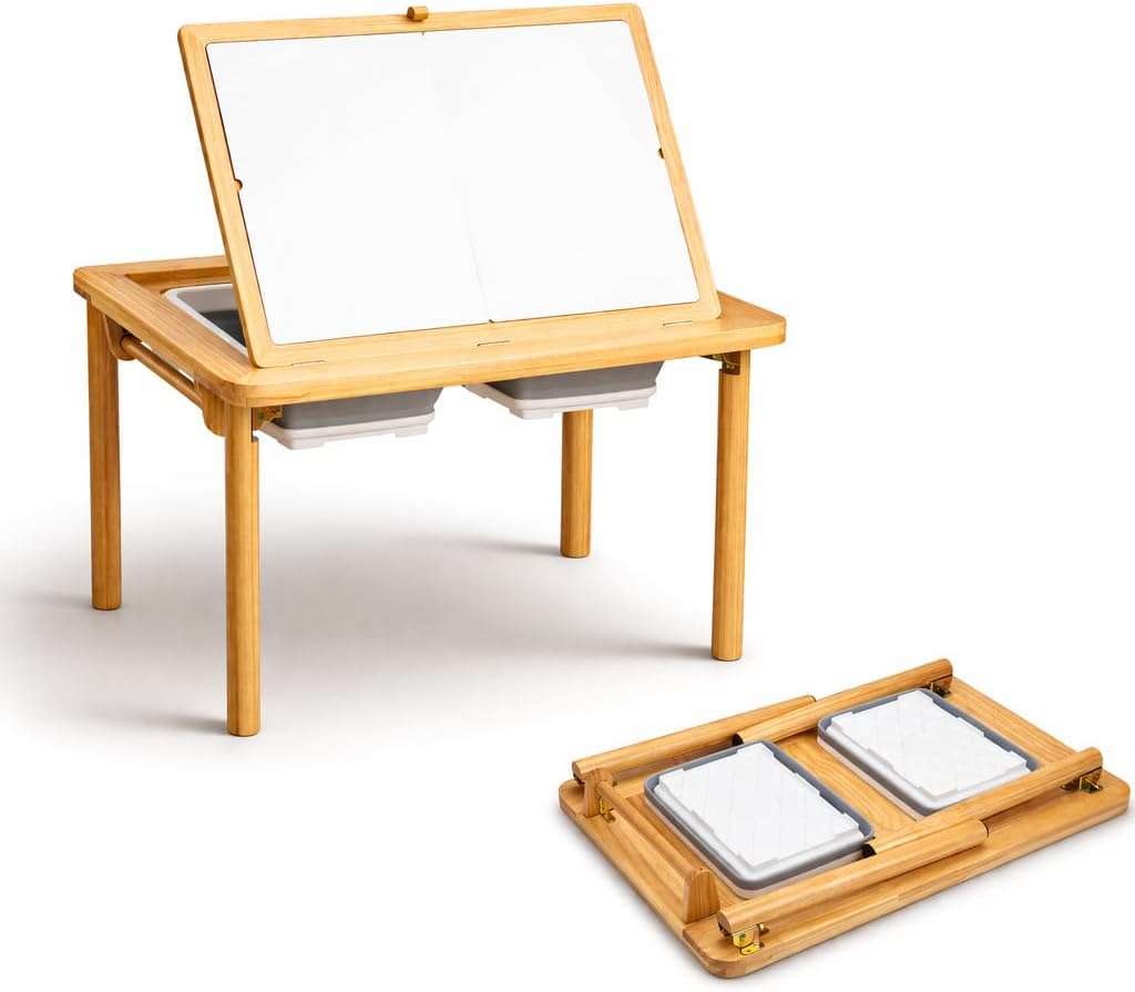 Montessori Sensory Table & Art Easel for Kids & Toddlers | Folding Extendable Legs & Storage Bins, Magnetic Boards & Tiles, Light Box Included | Space-Saving Indoor/Outdoor Play
