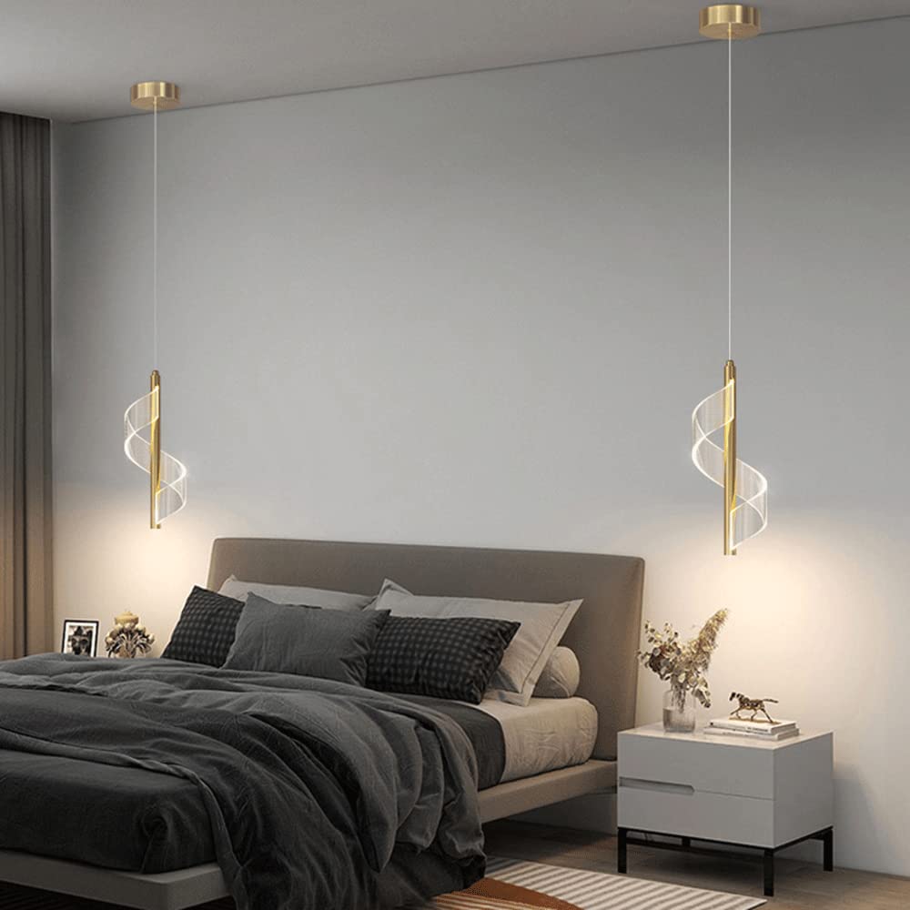 Złota spiralna lampa wisząca, mini lampka nocna wisząca, nowoczesny żyrandol LED, aluminiowe długie lampy wiszące ze skręconym akrylowym kloszem, 3 tryby kolorów oświetlenia Drop Lights