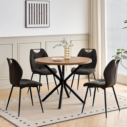 DEYARNA HOME Ensemble de Salle à Manger Table et Chaises – Table Ronde de 100 cm avec 4 Chaises de Salle à Manger (Tissu en Lin avec Poignées) (Finition...