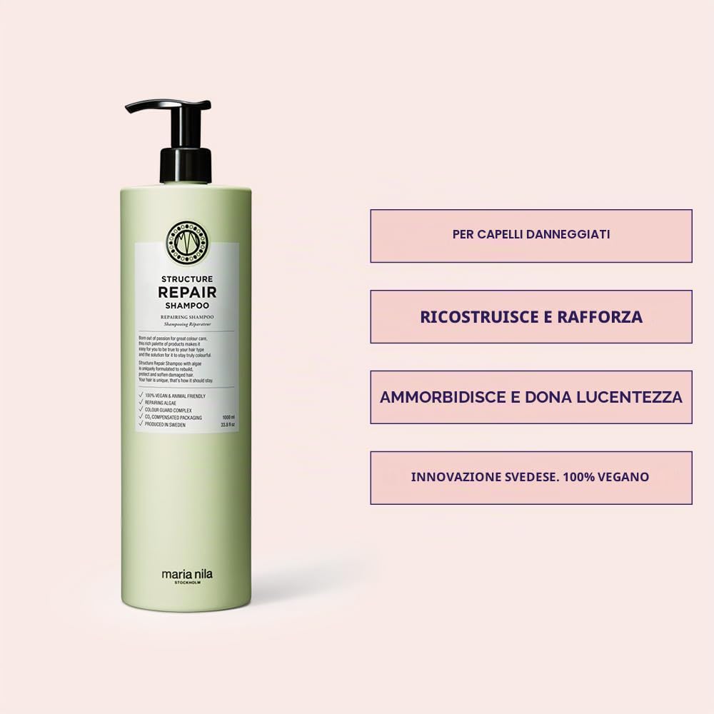 Maria Nila Structure Repair, Shampoo 1000 ml, per capelli danneggiati e trattati chimicamente, l’estratto di alga ricostruisce e idrata, prodotto 100% vegano e senza solfati/parabeni
