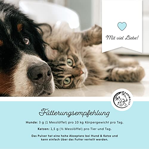 Annimally Haut & Fell Pulver für Hunde und Katzen I Pulver Komplex mit Bierhefe, Biotin, Zink, Ölen und Spirulina I Ideale Ergänzung bei Haarverlust beim Hund, Fellwechsel